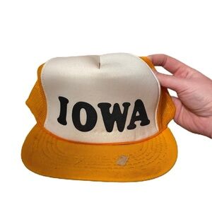 Vintage Iowa Trucker Hat Yellow White Snap Back Mesh 90s White Black Print